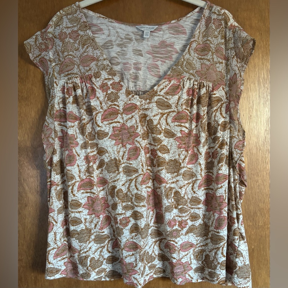 Lucky Brand Floral Blouse in Pink and Brown - 1X
